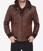 Men’s Tall Fit Dark Brown Leather Bomber Jacket – Hooded & Removable