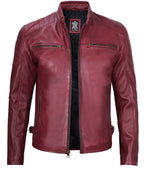 Waxed Maroon Cafe Racer Leather Jacket for Men