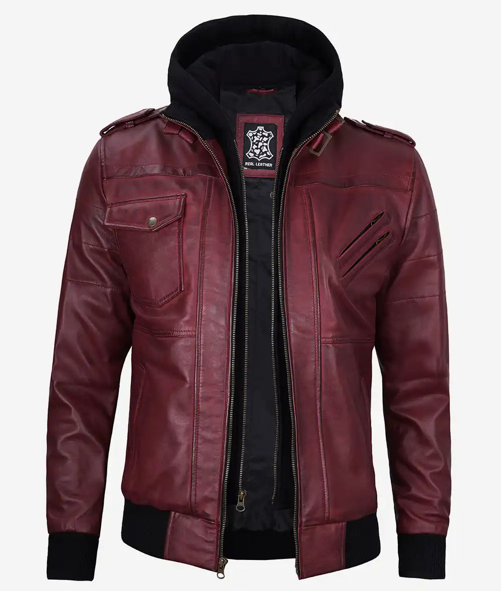 Mens Vintage Maroon Leather Bomber Jacket – Hooded Design