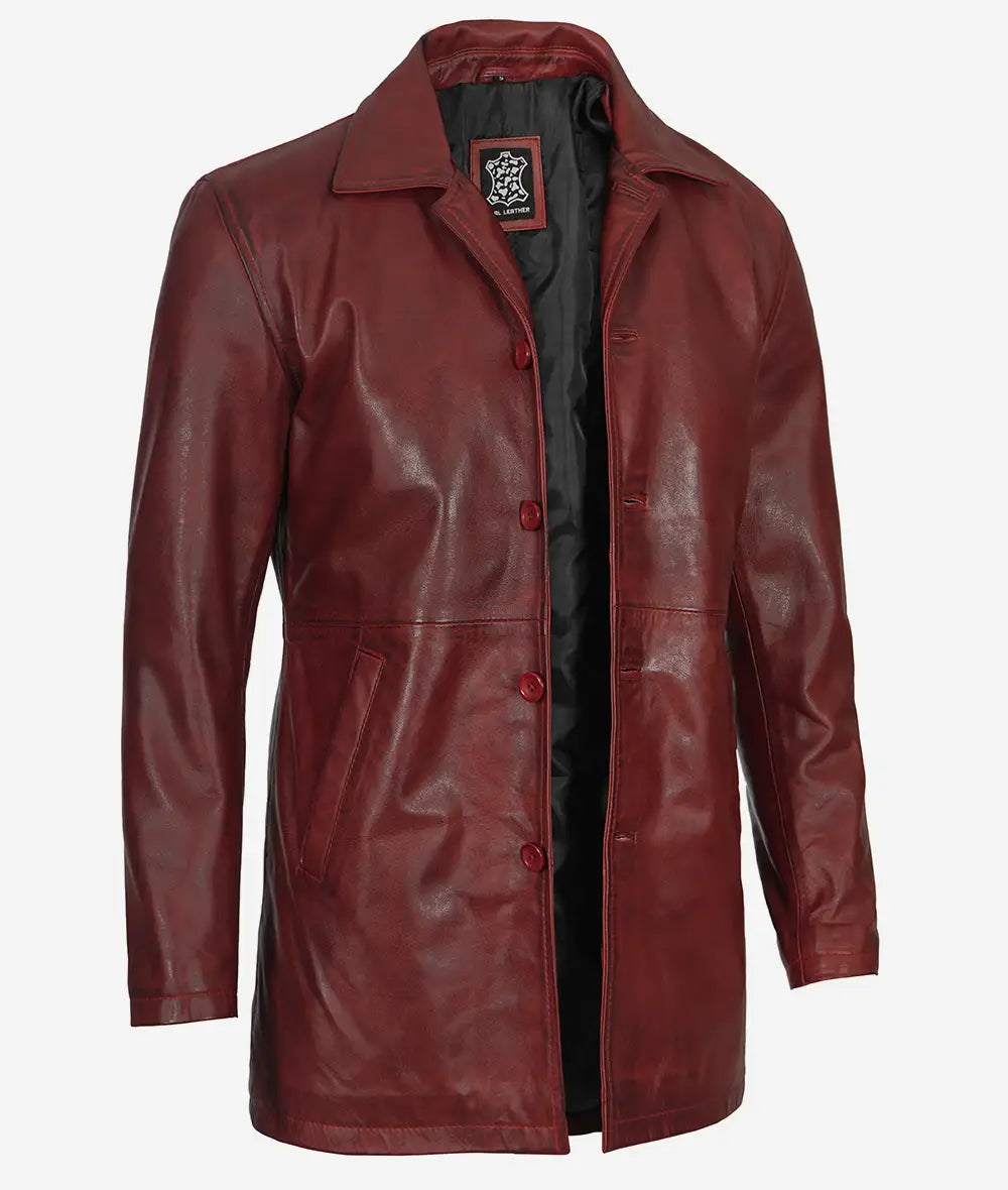 Men's Real Leather Maroon Coat - 3/4 Length