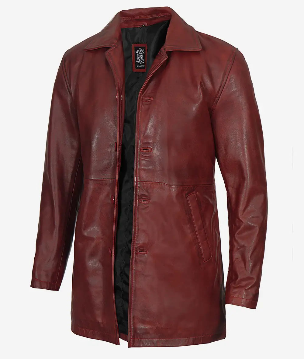 Men's Real Leather Maroon Coat - 3/4 Length