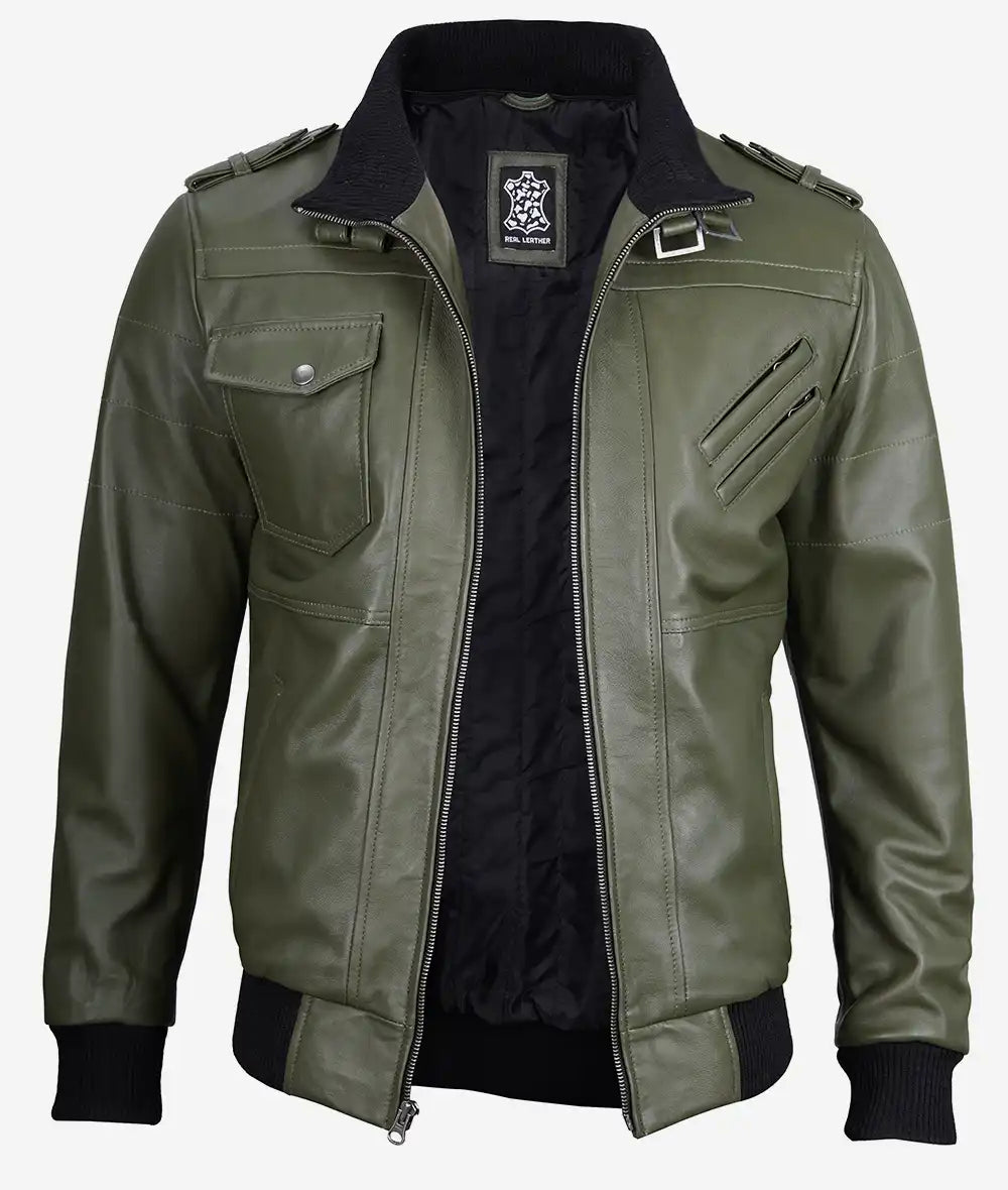 Olive Green Hooded Leather Bomber Jacket for Men