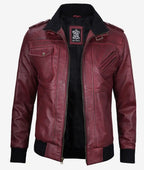 Mens Vintage Maroon Leather Bomber Jacket – Hooded Design