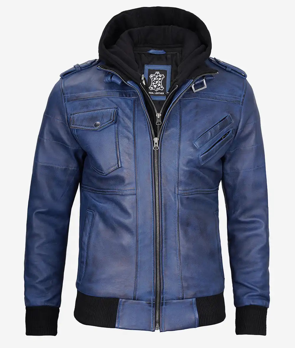 Mens Blue Wax Leather Jacket With Hood
