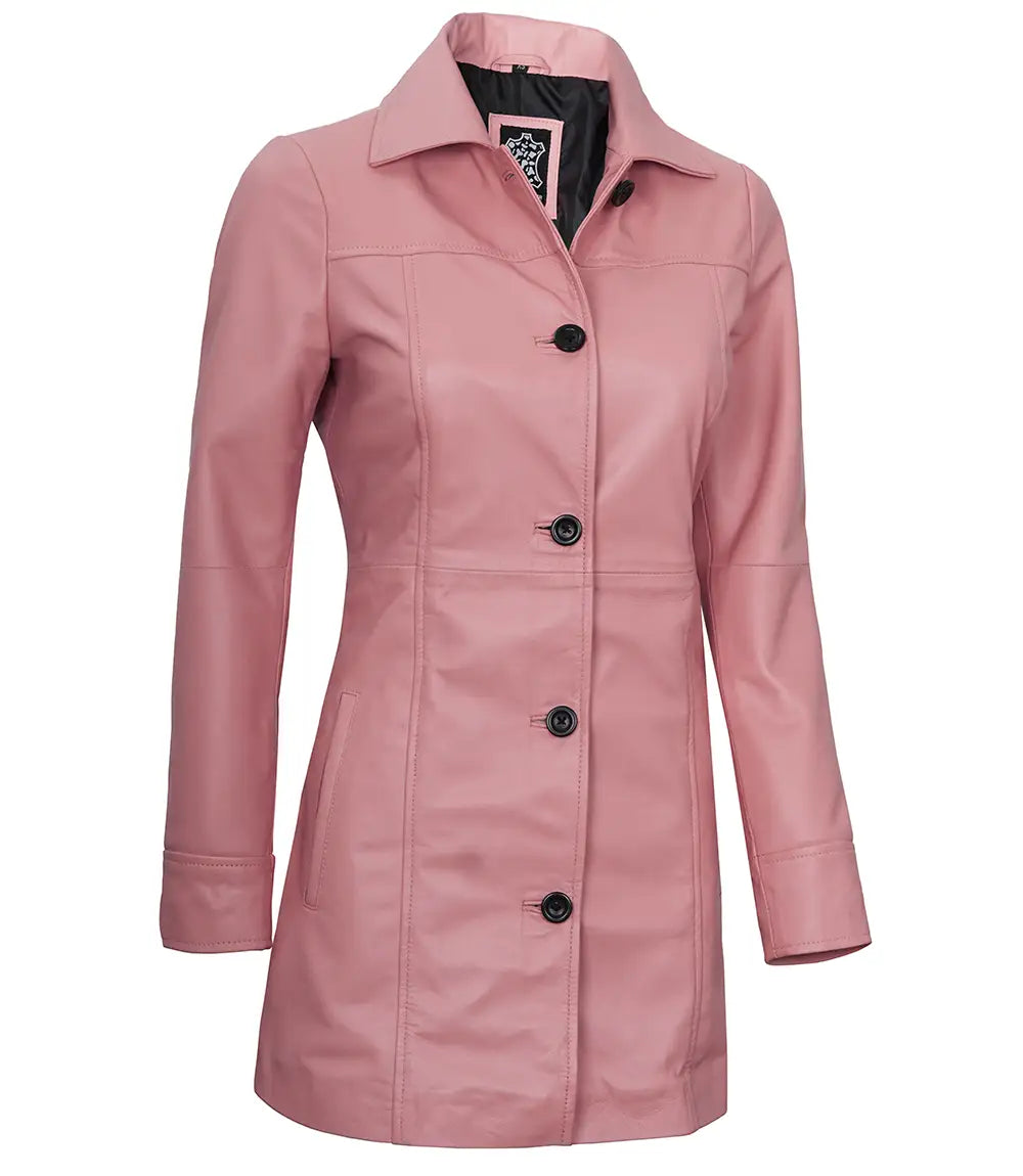 Womens Real Leather Pink Car Coat