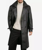 Black Lambskin Leather Knee-Length Coat for Men – Double Breasted
