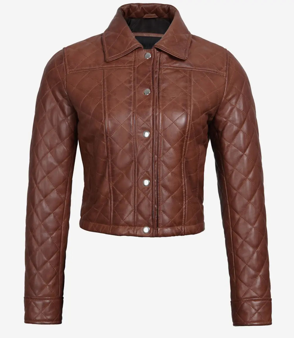 Womens Brown Quilted Cropped Leather Jacket
