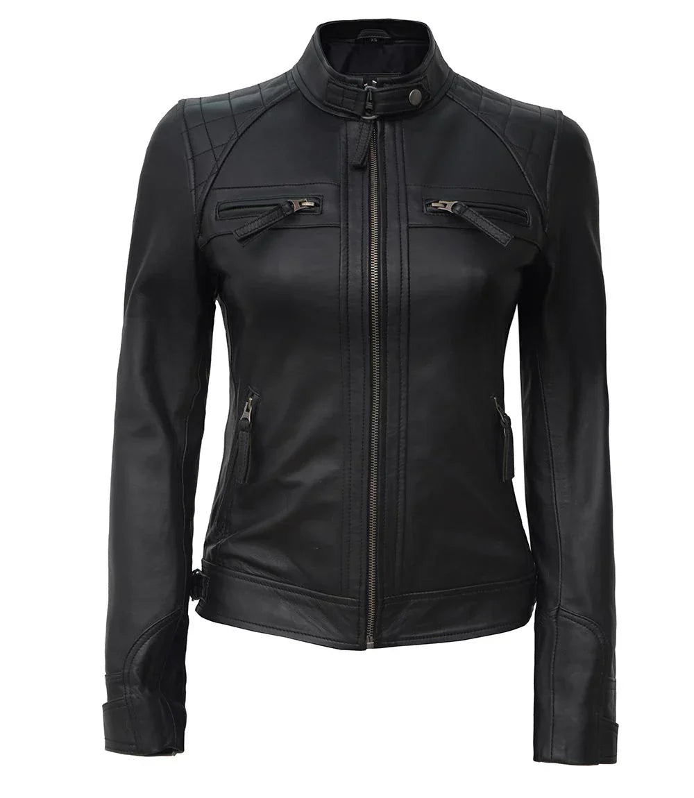 Womens Stylish Black Quilted Cafe Racer Jacket – Genuine Leather