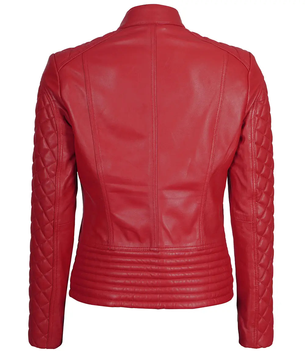 Womens Red Cafe Racer Jacket – Quilted Leather Sleeves