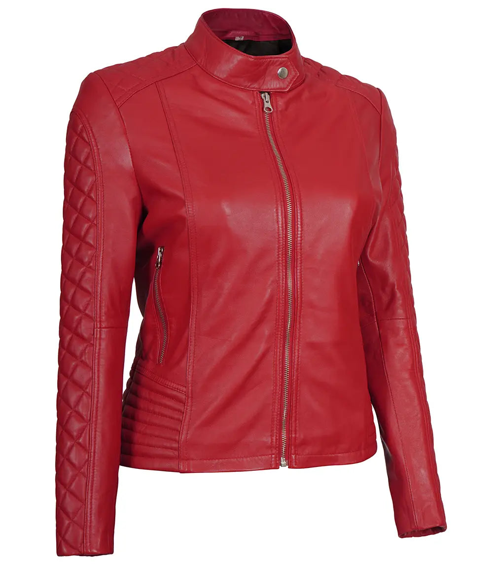 Womens Red Cafe Racer Jacket – Quilted Leather Sleeves