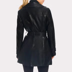 Women Solid Black Leather Trench Coat