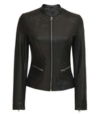 Womens Black Real Leather Cafe Racer Jacket