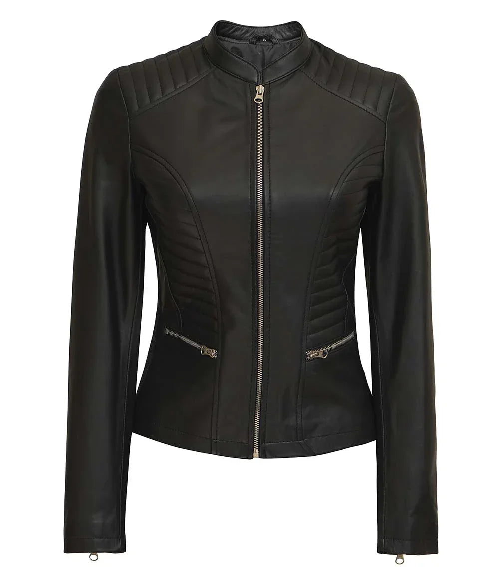 Womens Black Real Leather Cafe Racer Jacket