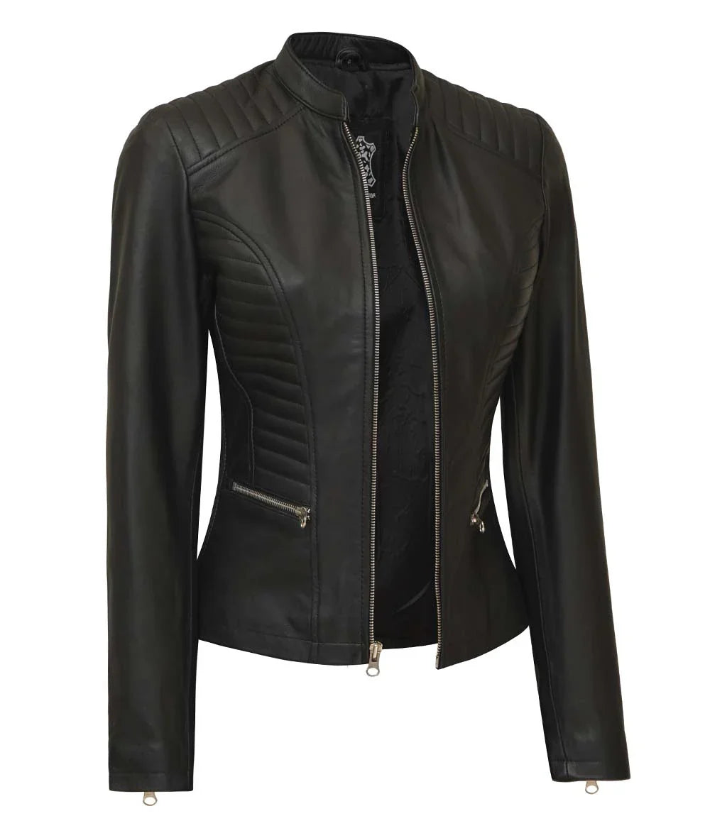 Womens Black Real Leather Cafe Racer Jacket