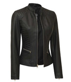 Womens Black Real Leather Cafe Racer Jacket