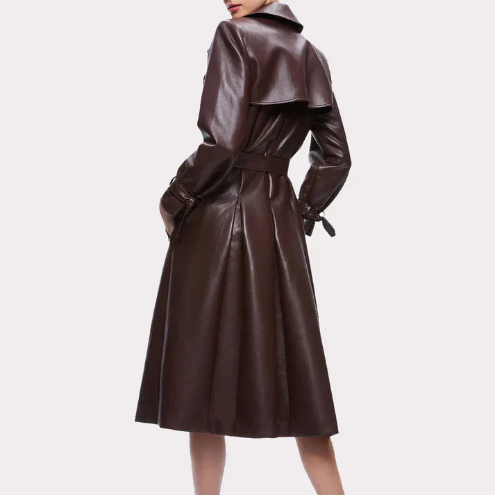 Women Chocolate Brown Leather Trench Coat