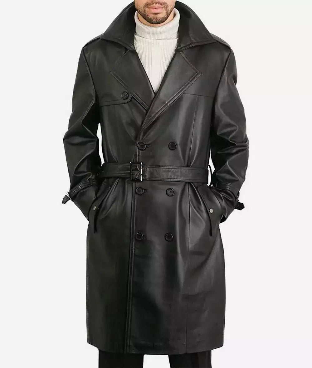 Black Lambskin Leather Knee-Length Coat for Men – Double Breasted