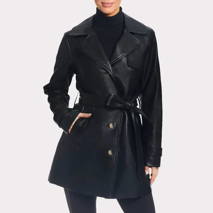 Women Solid Black Leather Trench Coat