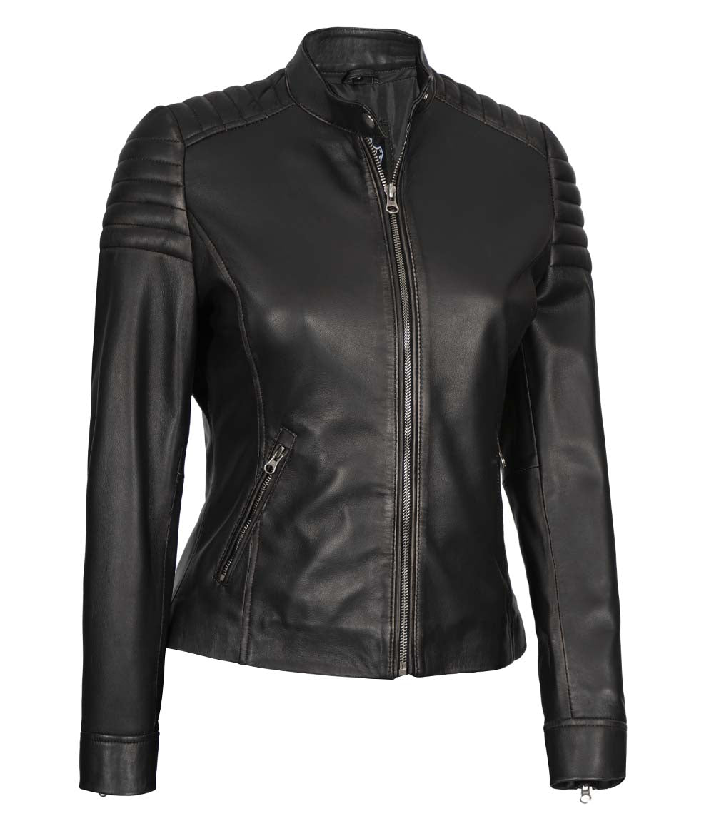 Womens Cafe Racer Black Leather Jacket
