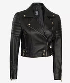 Women Black Cropped Moto Leather Jacket