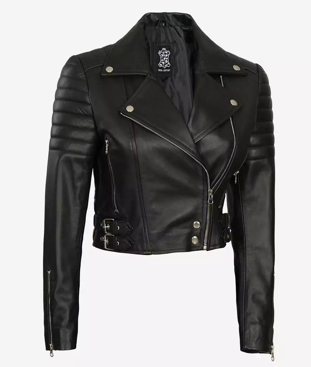 Women Black Cropped Moto Leather Jacket