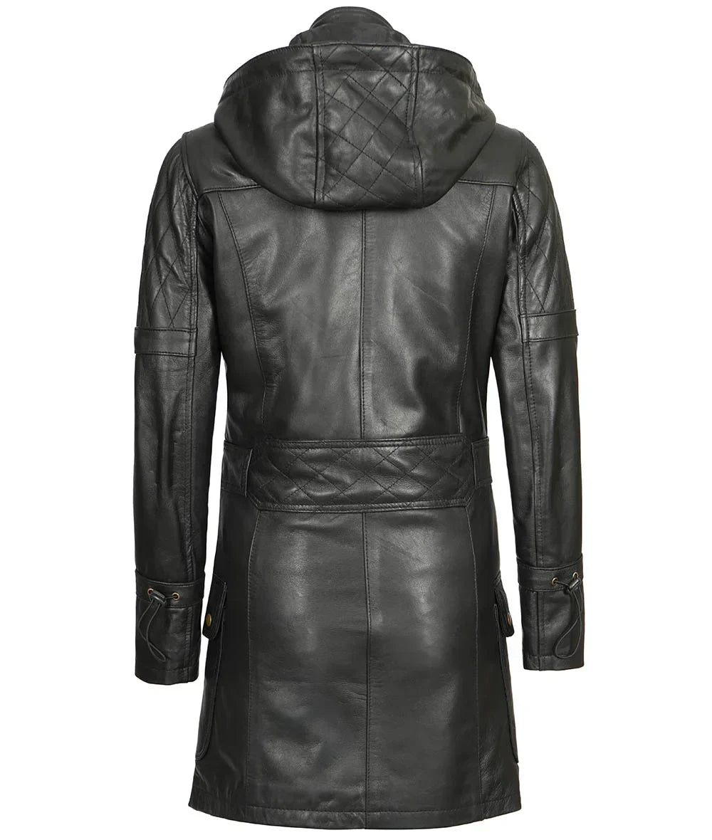 Womens Black Leather Hooded Coat - 3/4 Length