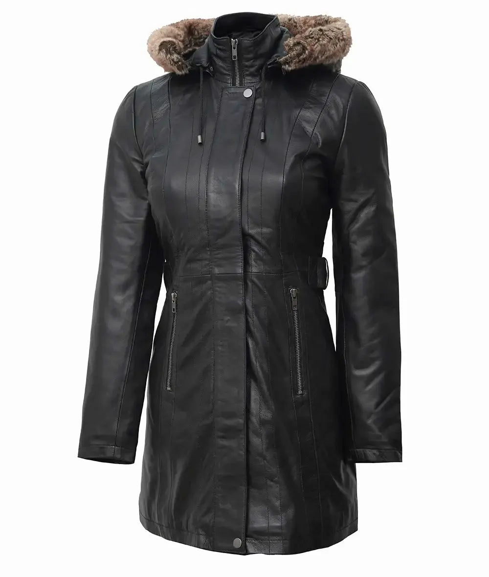 Womens Black Leather Coat Removable Fur Hood