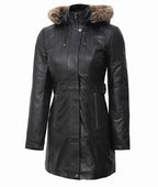 Womens Black Leather Coat Removable Fur Hood