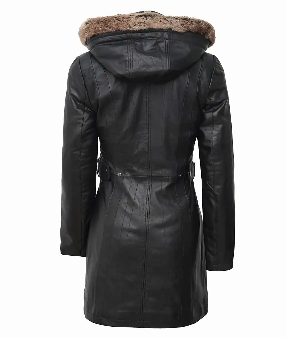 Womens Black Leather Coat Removable Fur Hood