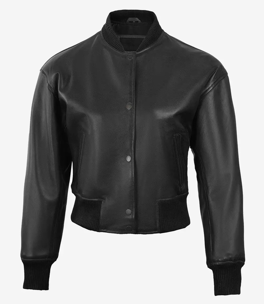 Womens Black Cropped Leather Bomber Jacket