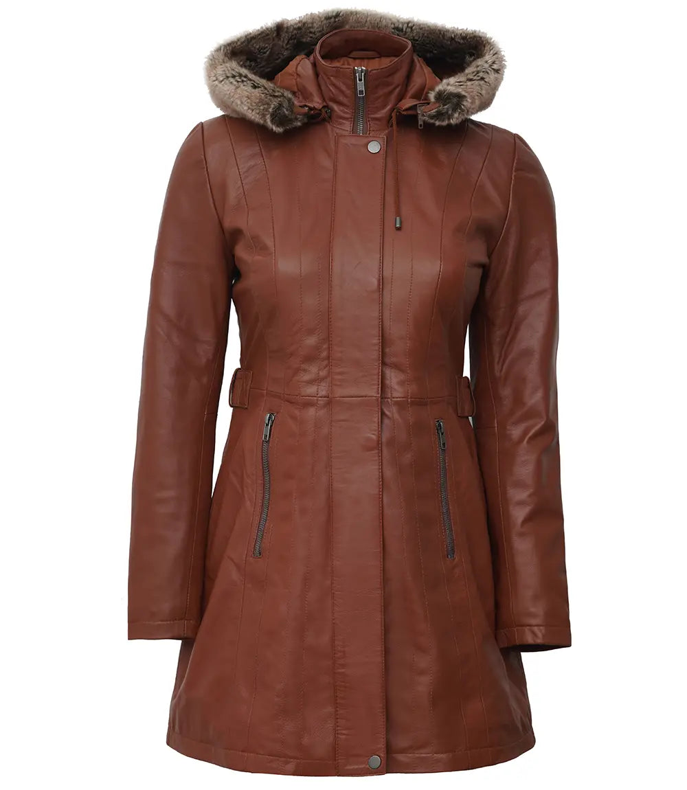 Women Brown Leather Fur Coat Removable Hood