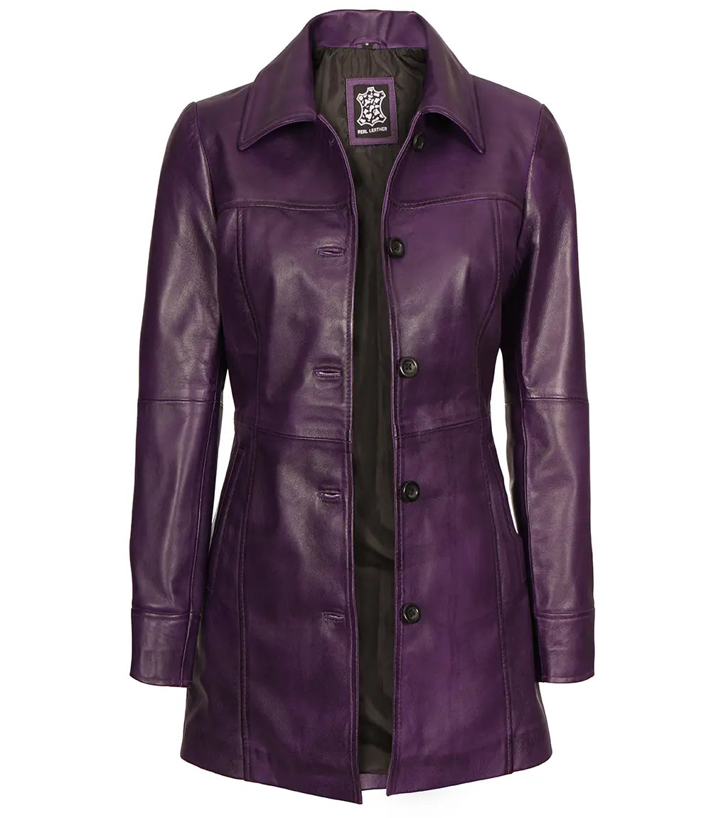 Womens Purple Leather Coat - 3/4 Length