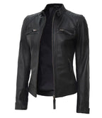 Womens Stylish Black Quilted Cafe Racer Jacket – Genuine Leather