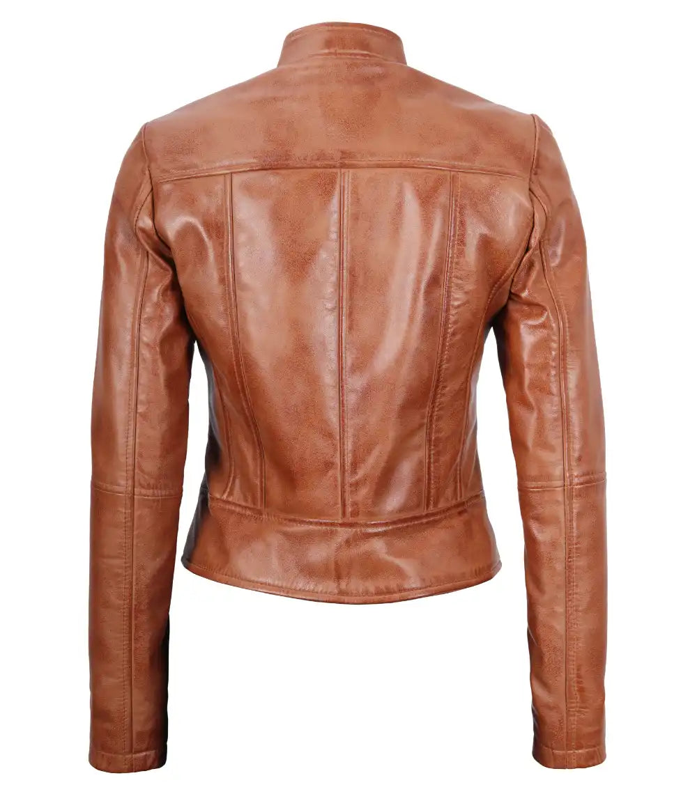 Tan Brown Leather Cafe Racer Jacket For Women