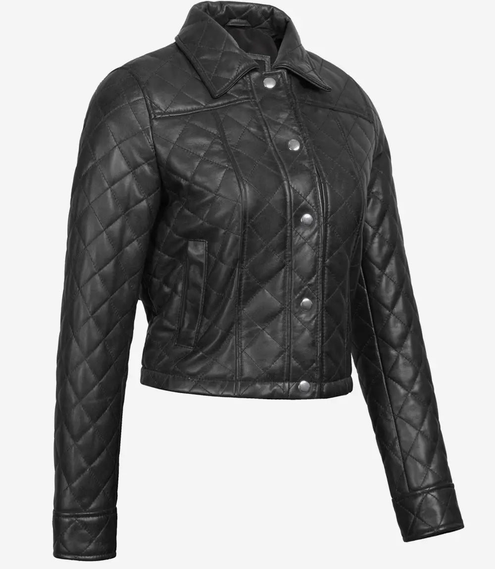 Womens Black Quilted Cropped Leather Jacket