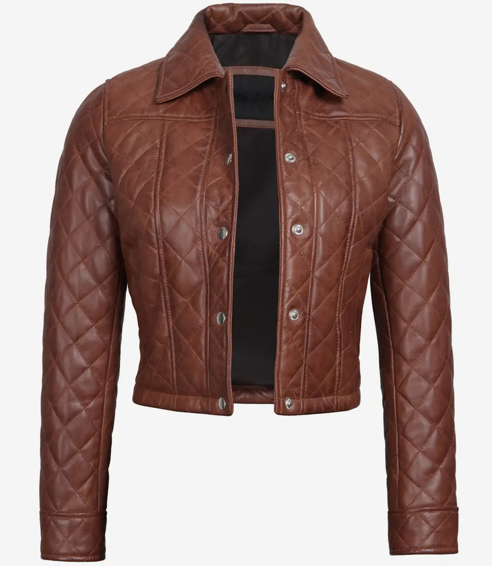Womens Brown Quilted Cropped Leather Jacket