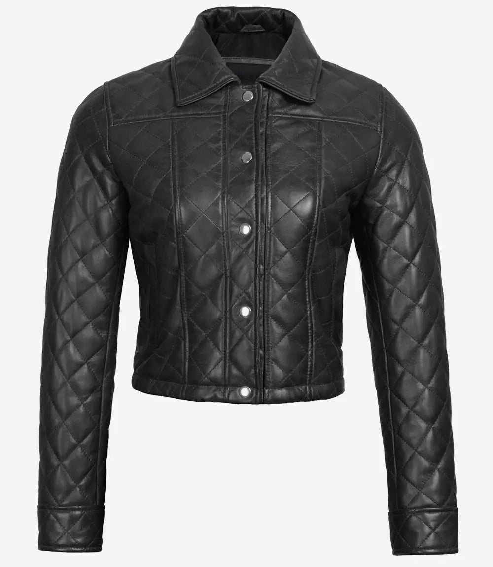 Womens Black Quilted Cropped Leather Jacket