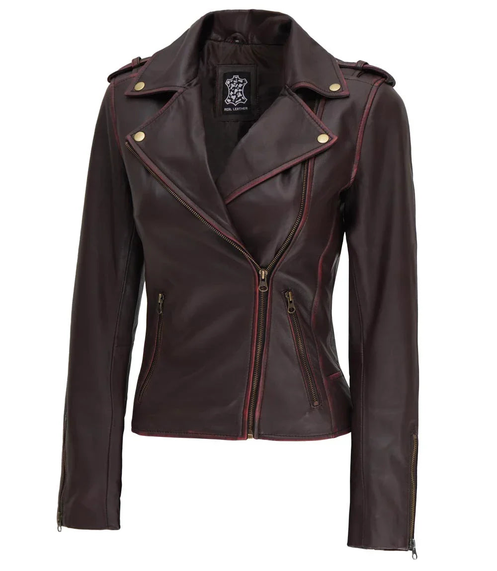 Womens Asymmetrical Moto Jacket Brown Leather Edition