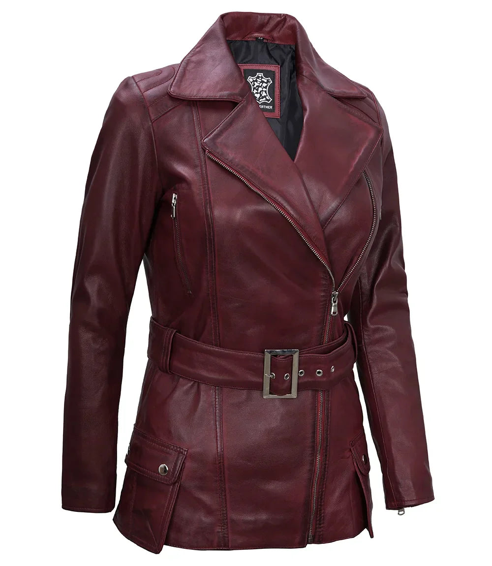 Womens Asymmetrical Biker Jacket Real Leather in Maroon