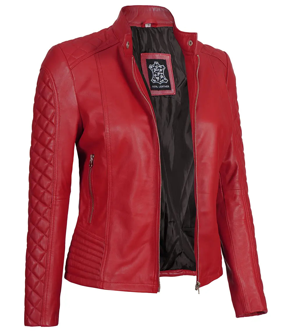 Womens Red Cafe Racer Jacket – Quilted Leather Sleeves