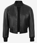 Womens Black Cropped Leather Bomber Jacket