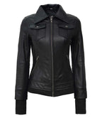 Tralee Black Leather Bomber Jacket With Hood