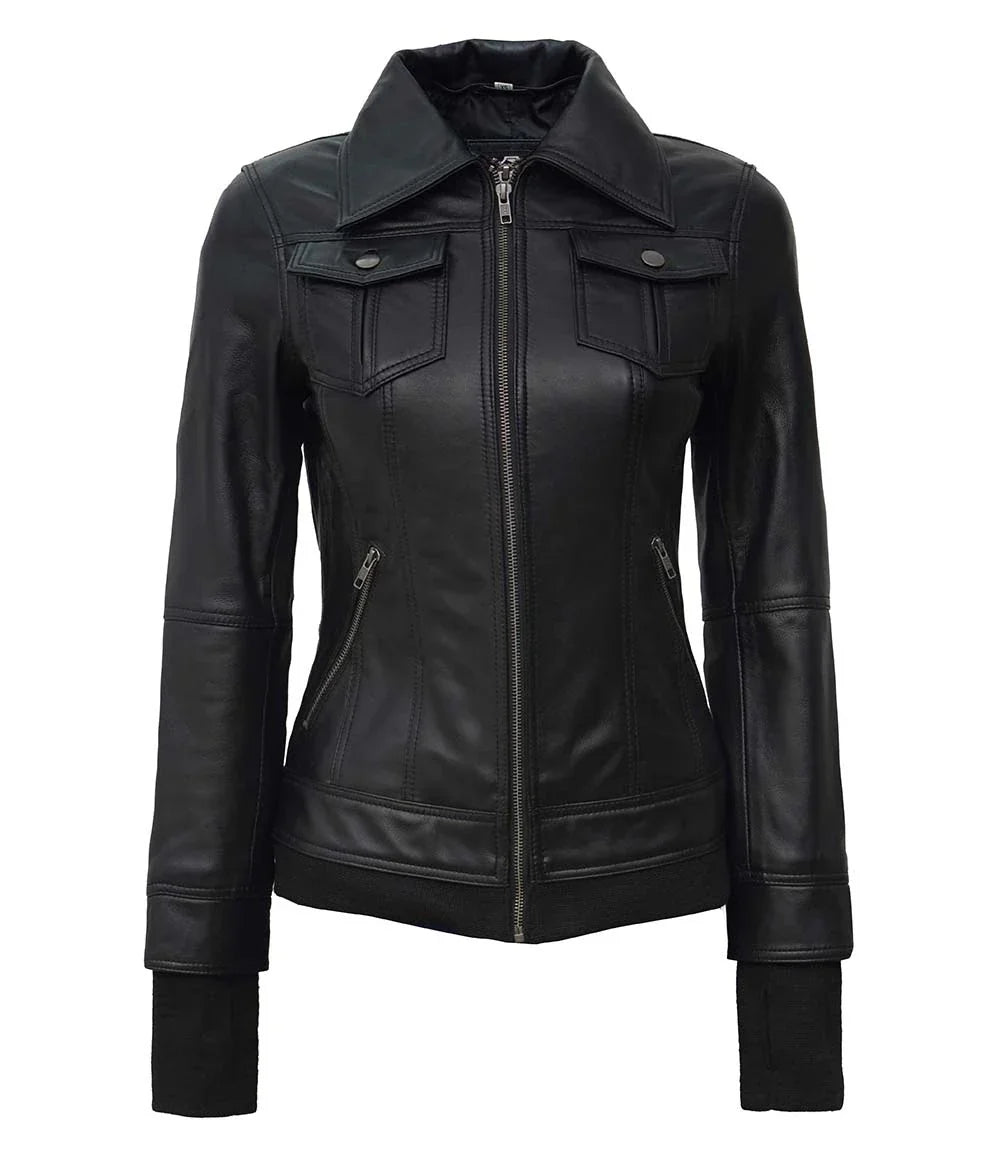 Tralee Black Leather Bomber Jacket With Hood