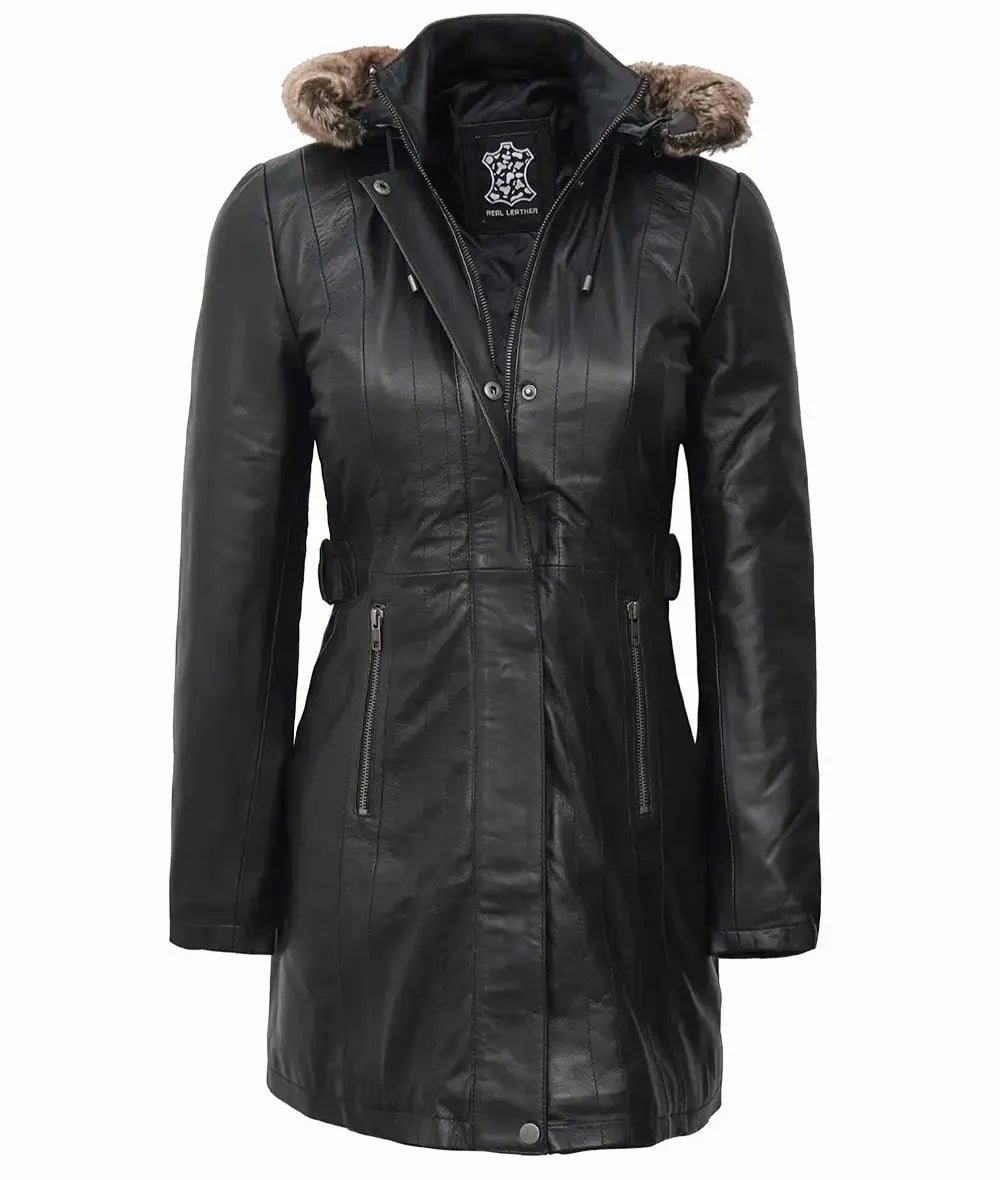 Womens Black Leather Coat Removable Fur Hood