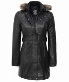 Womens Black Leather Coat Removable Fur Hood