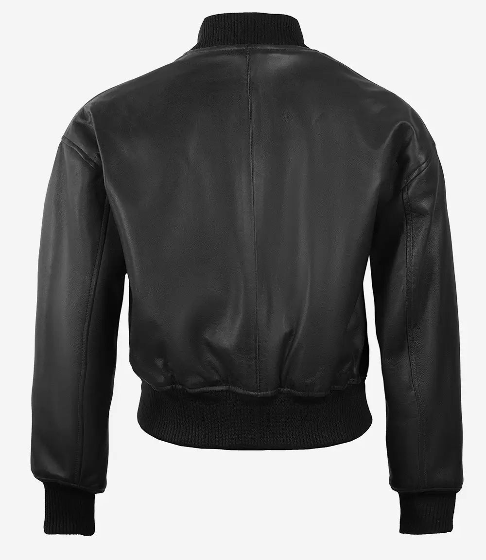 Womens Black Cropped Leather Bomber Jacket