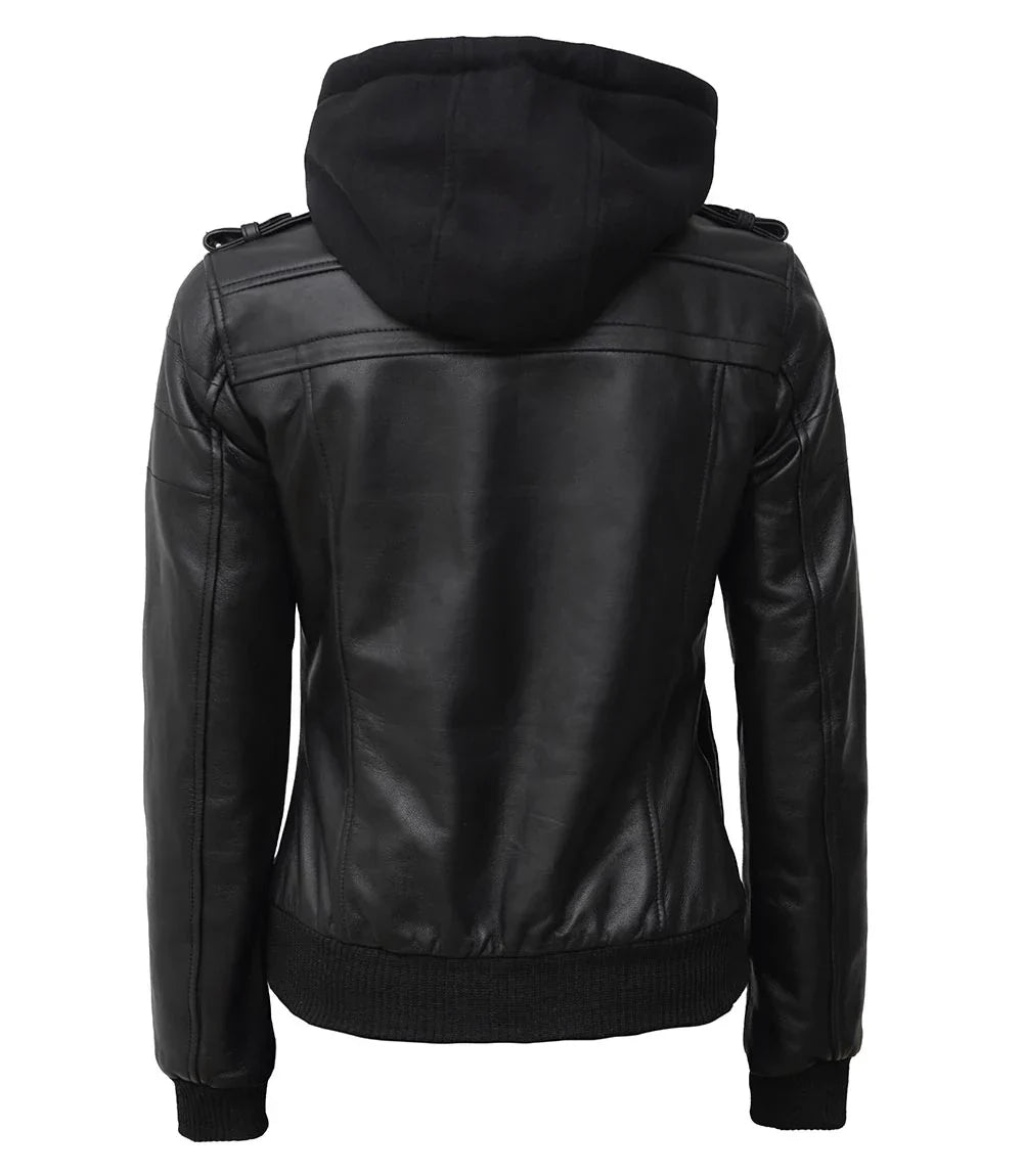 Womens Edinburgh Bomber Leather Jacket with Detachable Hood