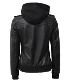 Womens Edinburgh Bomber Leather Jacket with Detachable Hood
