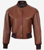 Womens Brown Cropped Bomber Leather Jacket