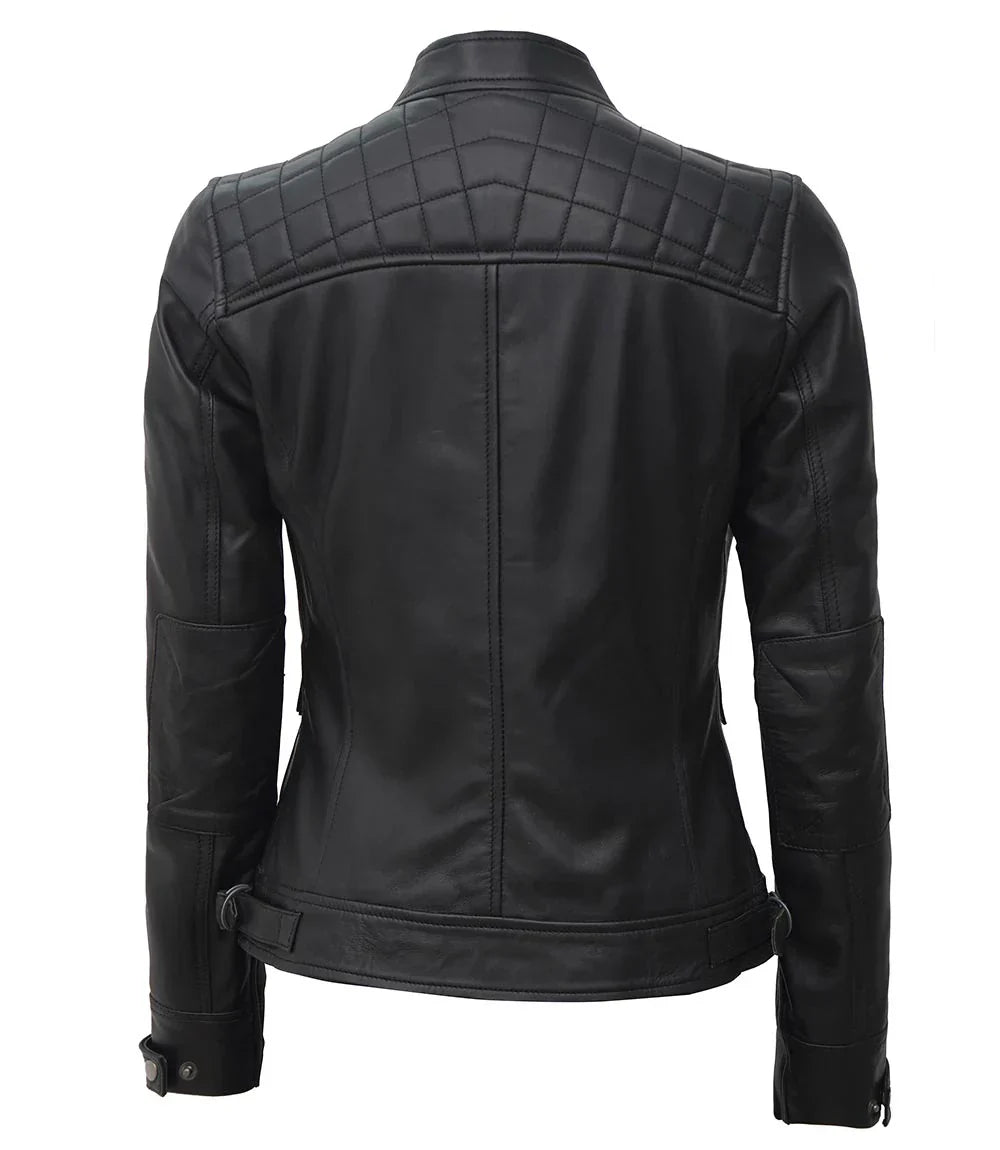 Womens Stylish Black Quilted Cafe Racer Jacket – Genuine Leather